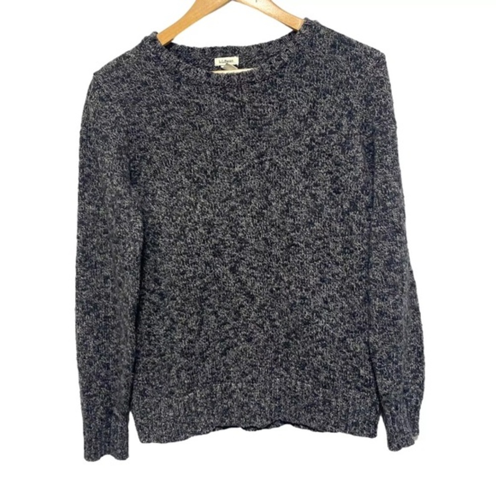 LL Bean Sweater M Gray Black Long Sleeve Crewneck Pullover Cotton Marled‎